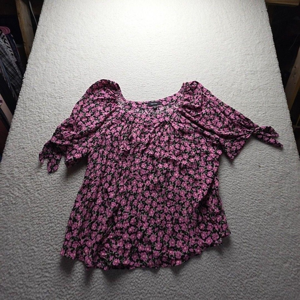Karen Kane Blouse Womens Plus 3X Scoop Neck Short Puff Sleeve Floral Tunic Top